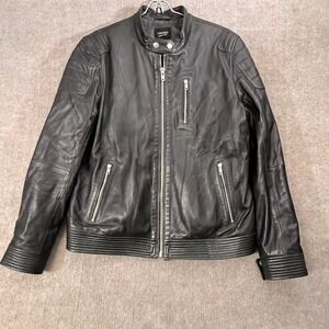 Lamarque Leather Jacket Men L Black Full Zip‎ Moto Biker Bomber Quilted Liner